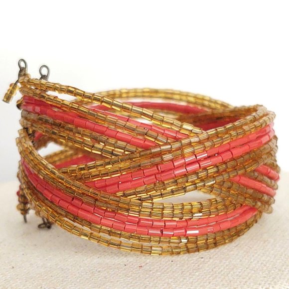 Gold and orange bugle bead memory wire cuff - Picture 6 of 10
